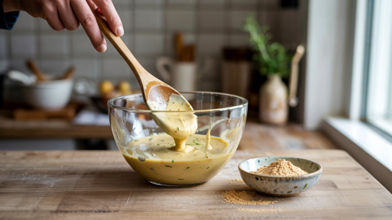 En hånd rører i en tykk vegansk saus i en glassbolle, med xanthan gum-pulver i en liten skål ved siden av på kjøkkenbenken.