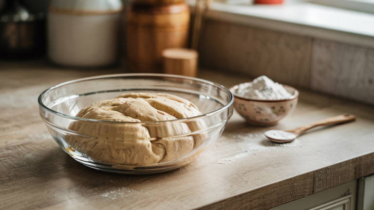 Glutenfri deig i glassbolle med guargummipulver ved siden av på kjøkkenbenk