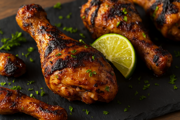 Grillede kyllingklubber krydret med jamaicansk jerk-blanding, servert med frisk lime og hakket persille på mørk steinplate.