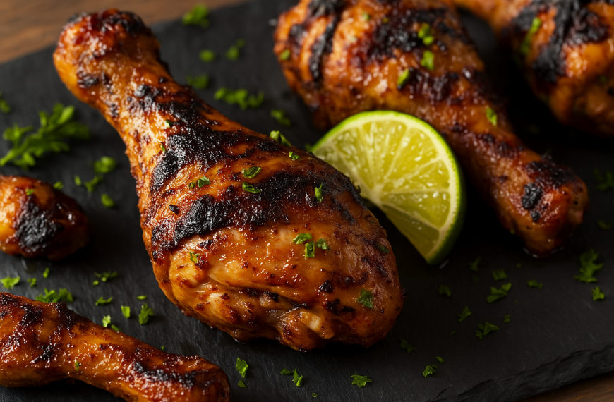 Grillede kyllingklubber krydret med jamaicansk jerk-blanding, servert med frisk lime og hakket persille på mørk steinplate.