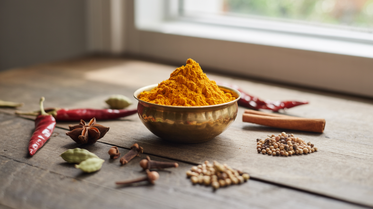 Indiske krydder på trebord – gurkemeiepulver i metallskål, tørket chili, stjerneanis, kardemomme og hele krydder.