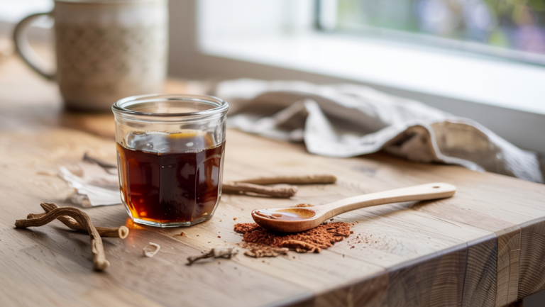 Et glass med hjemmelaget lakrissirup på en kjøkkenbenk, omgitt av lakrisrot og pulver.