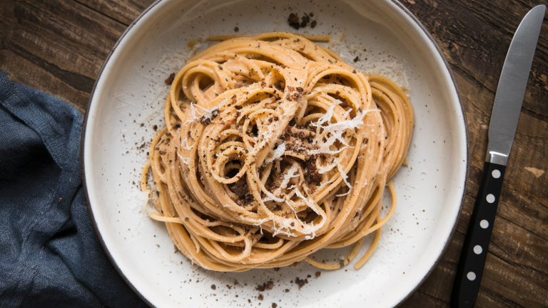 En tallerken med cacio e pepe – italiensk pasta med ost og sort pepper, servert på en mørk keramikkplate.