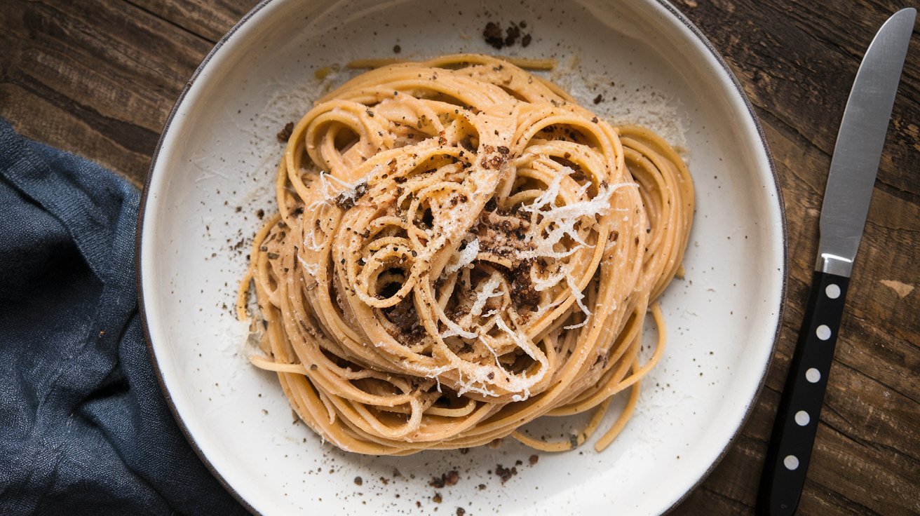 En tallerken med cacio e pepe – italiensk pasta med ost og sort pepper, servert på en mørk keramikkplate.