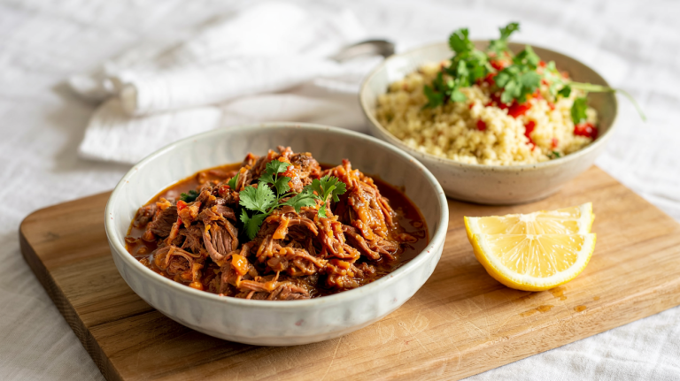 Enkel marokkanskinspirert oksegryte servert med ris eller couscous og sitronskiver