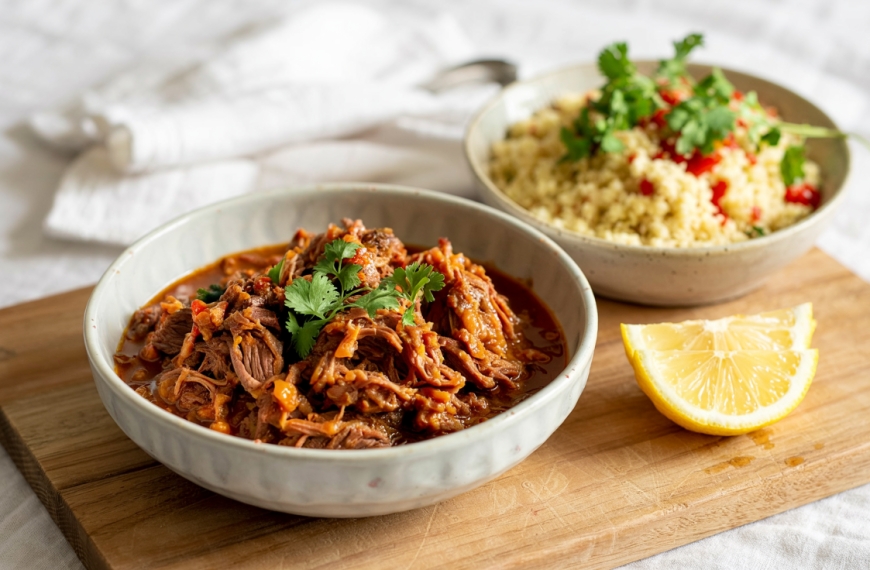 Enkel marokkanskinspirert oksegryte servert med ris eller couscous og sitronskiver
