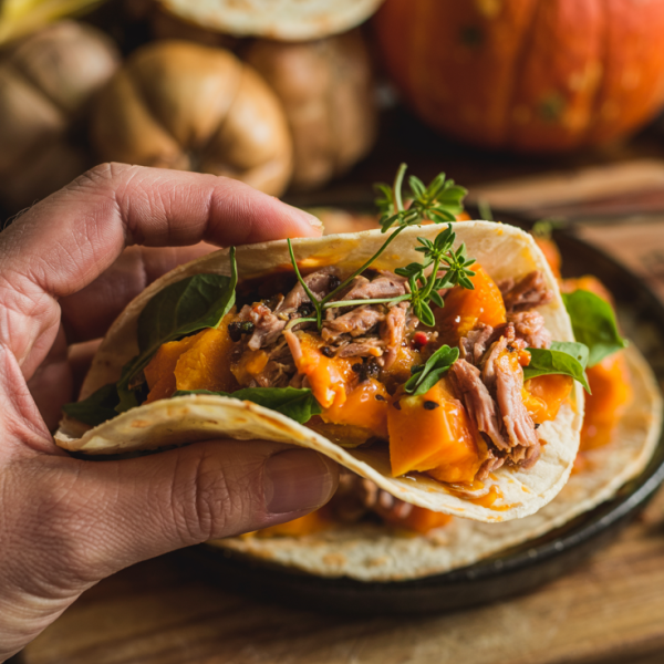 Tortilla med Hokkaido og secreto Iberico svinekjøtt