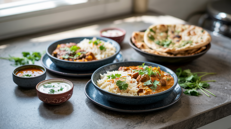 To indiske curryretter, Madras og Vindaloo, servert med ris, naan og chutney, dandert på en grå steinplate ved et kjøkkenvindu.