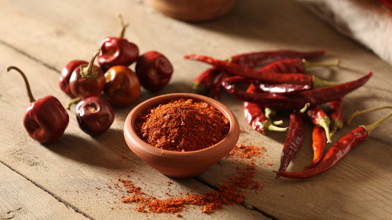 Tørket Ñora- og Jaranda-paprika sammen med paprikapulver på rustikt trebord.