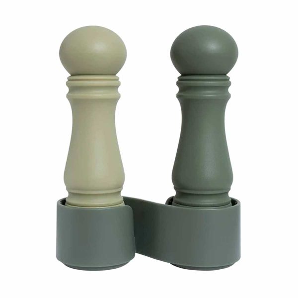 CrushGrind minikvern-sett i persille- og salviefarger med keramiske kniver, ideelt for bordbruk og enkel transport.