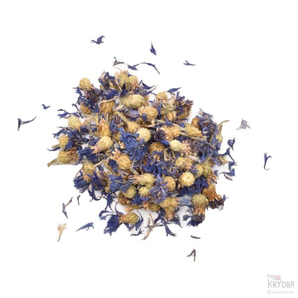 Hel tørket kornblomst med naturlig blå farge, perfekt til teblandinger og dekorative formål.