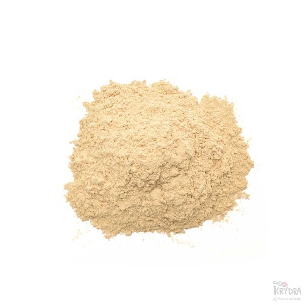 Malt ashwagandharot pulver – lyst beige plantepulver.