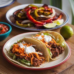 Illustrasjon av taco og fajitas servert med lime paprika og andre klassiske ingredienser