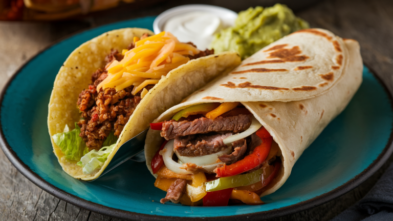 Illustrasjon av en taco i sprøt skall og en fajita i myk tortilla, servert med grønnsaker og kjøtt.