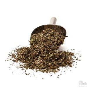 Skje med peppermynte tømt utover hvit bakgrunn