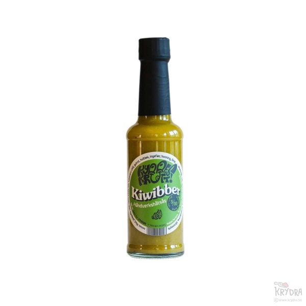 Flaske med Kyrre Krutt Kiwibber – frisk grønn chilisaus med kiwi, jalapeño og habanero.