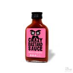 Crazy Bastard Sauce logo med ugle på rosa etikett - Chipotle & Pineappl