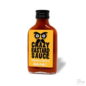 Crazy Bastard Habanero & Tomatillo hot sauce 100 ml glassflaske med gul etikett