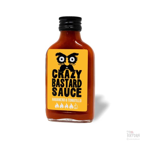 Crazy Bastard Habanero & Tomatillo hot sauce 100 ml glassflaske med gul etikett