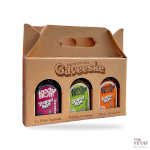 Lekker gaveeske i papp med 3 stykker ulike hotsauser, burgunder, grønn og oransje.