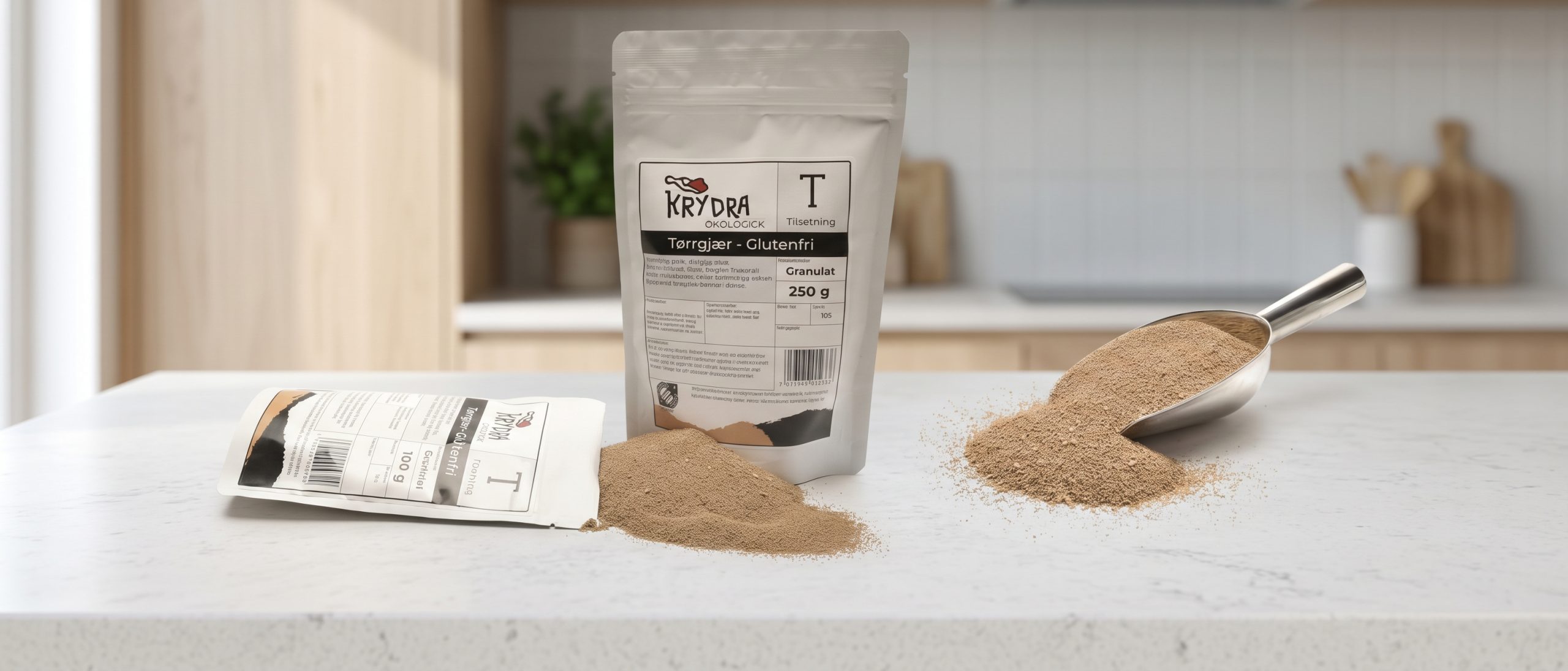 Glutenfri økologisk tørrgjær fra Krydra i pose på kjøkkenbenk, med tørrgjær helt ut på benken og i en måleskje